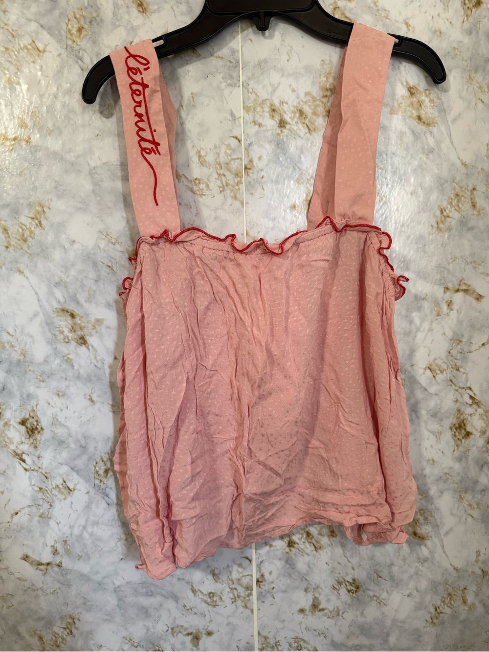 Anthropologie Pink Ruffle-Edge Camisole with Red Trim